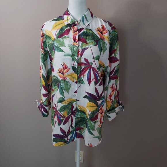 Chico's Linen Tropical Floral Print 3/4 Sleeve Blouse Size 12 - Picture 6 of 10